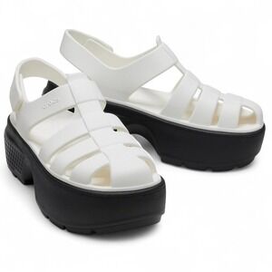 Crocs Stomp Fisherman Platform Sandals Womens 9 Chalk White Black Adjustable NEW